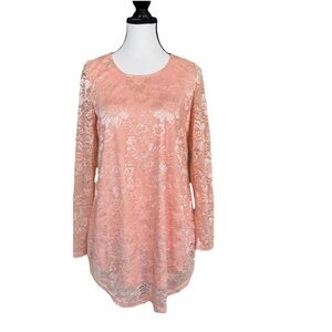 GRACE KARIN Peach Lace Long Sleeve Tunic Blouse Top Size S Coquette Office NWT